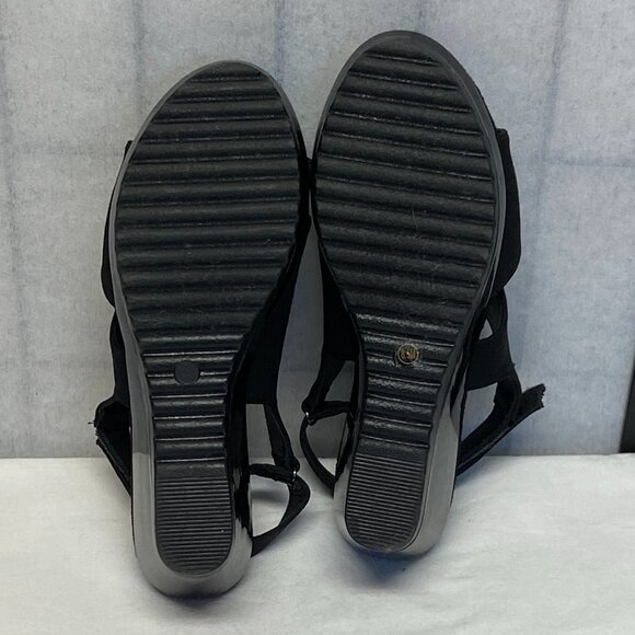 Anne Klein Faux Suede Patent Low Wedge Open Toe Sling Back Romeo Sandals Black - Picture 10 of 13